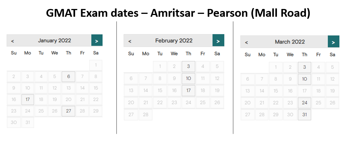 GMAT exam dates - Amritsar Pearson test center - mall road