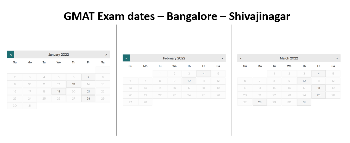 GMAT exam dates - Bangalore - Shivajinagar test center