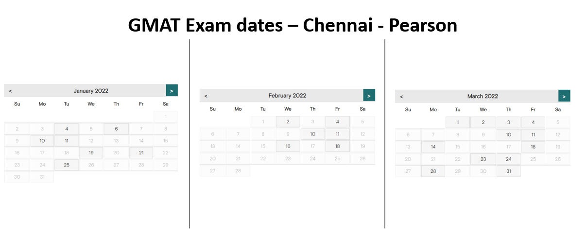 GMAT exam dates - Chennai Pearson test center