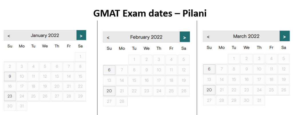 GMAT exam dates - Pilani test cente