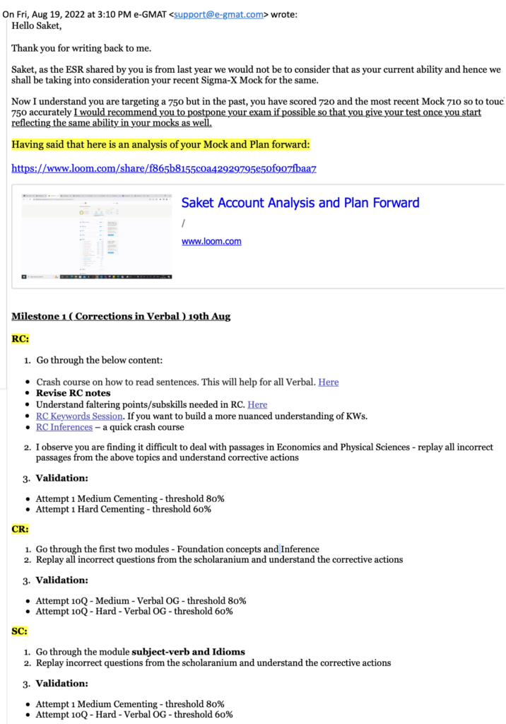 e-GMAT personalised study plan