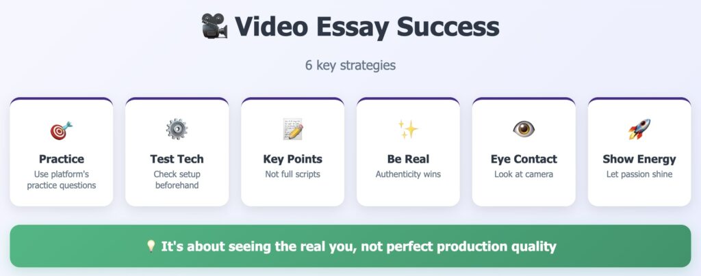 Video essay success infographic showing 6 key strategies with icons for practice, testing tech, key points, authenticity, eye contact, and energy