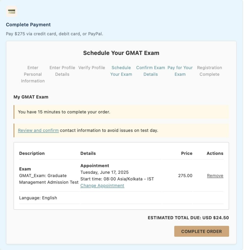 Fees for GMAT exam payment page: $275 total for June 17, 2025 test center appointment at 8AM IST