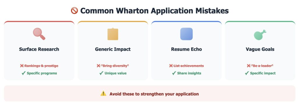 Common Wharton application mistakes to avoid: surface research, generic impact, resume echo, and vague career goals