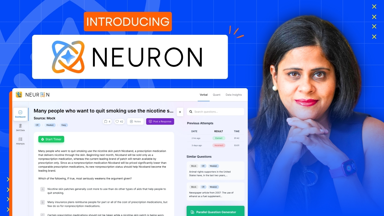 Introducing Neuron GMAT prep platform with practice question interface and student using study tools