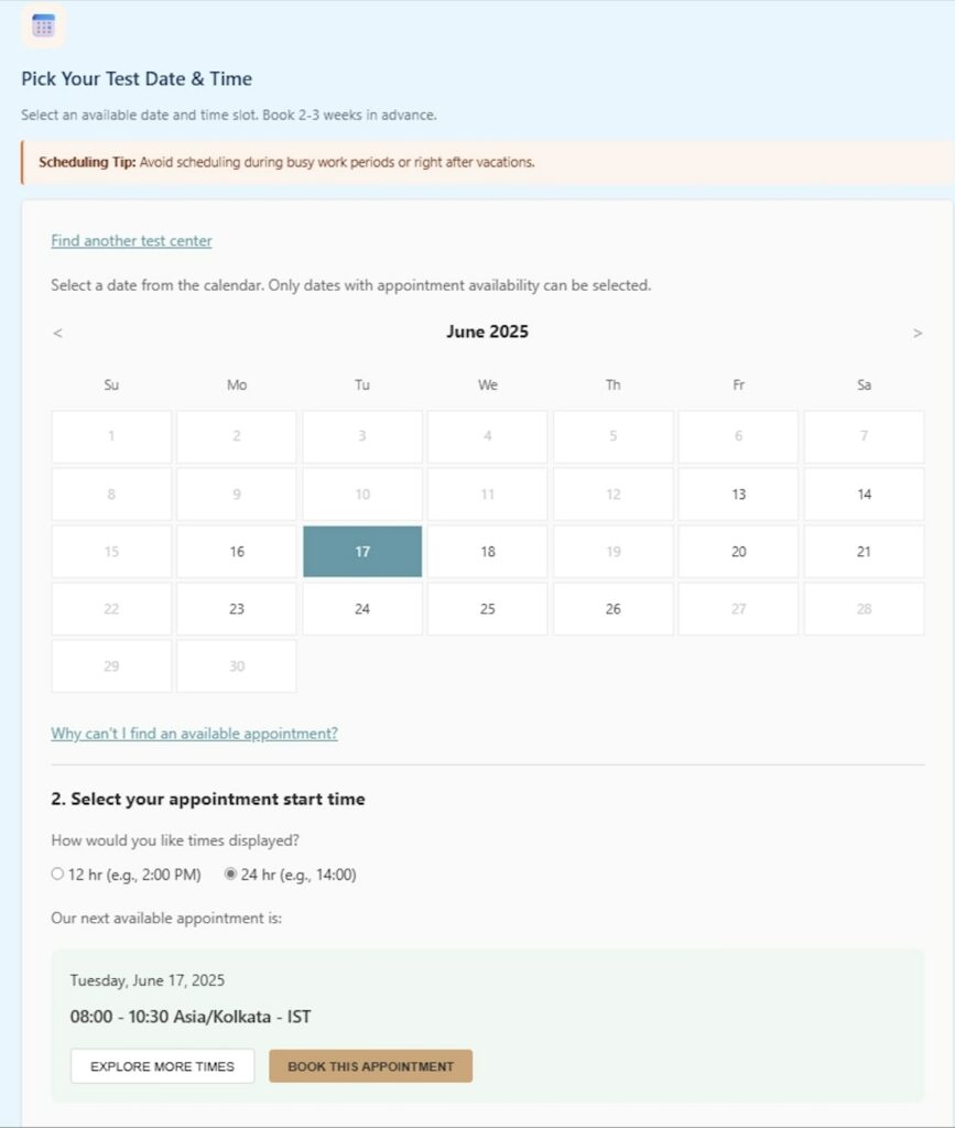 Schedule GMAT exam for June 2025: Calendar showing available dates with June 17 8AM slot selected