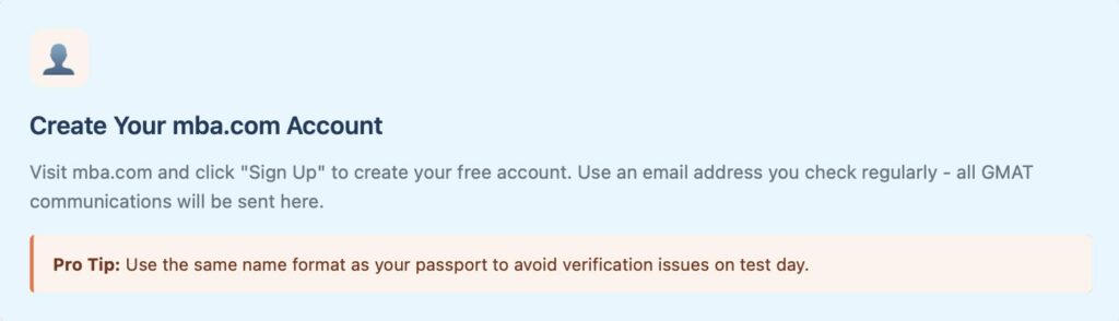mba.com account creation page with profile icon and sign-up instructions for GMAT registration