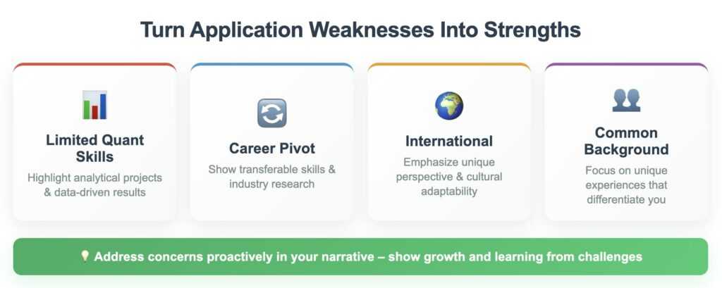 Turn application weaknesses into strengths: strategies for limited quant skills, career pivots, international backgrounds, and common experiences