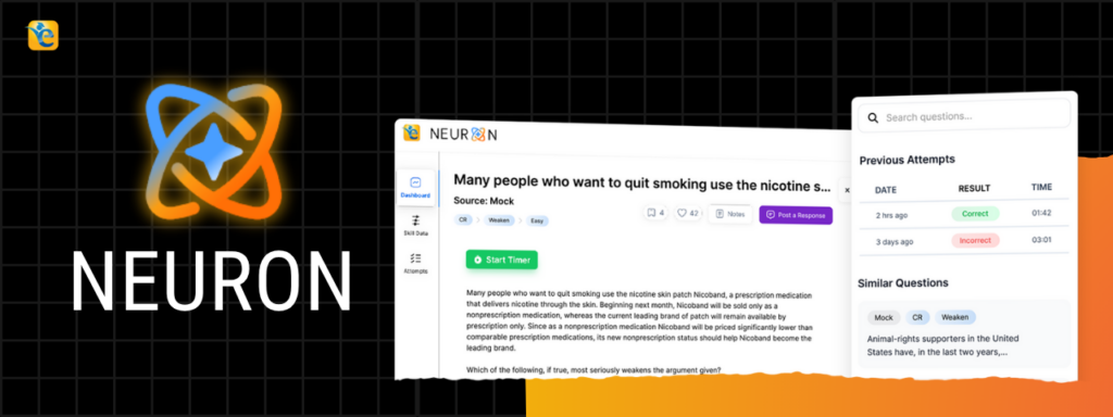Neuron GMAT practice platform showing question interface and attempt history
