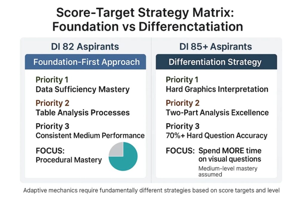 GMAT score-target strategy matrix: foundation approach for DI 82 vs differentiation strategy for DI 85+ aspirants