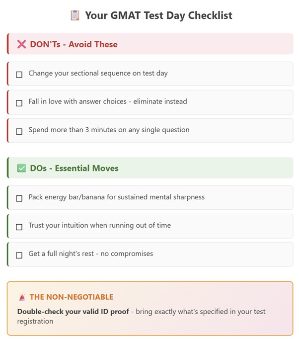 GMAT test day checklist with don'ts, dos, and ID proof reminder for exam preparation