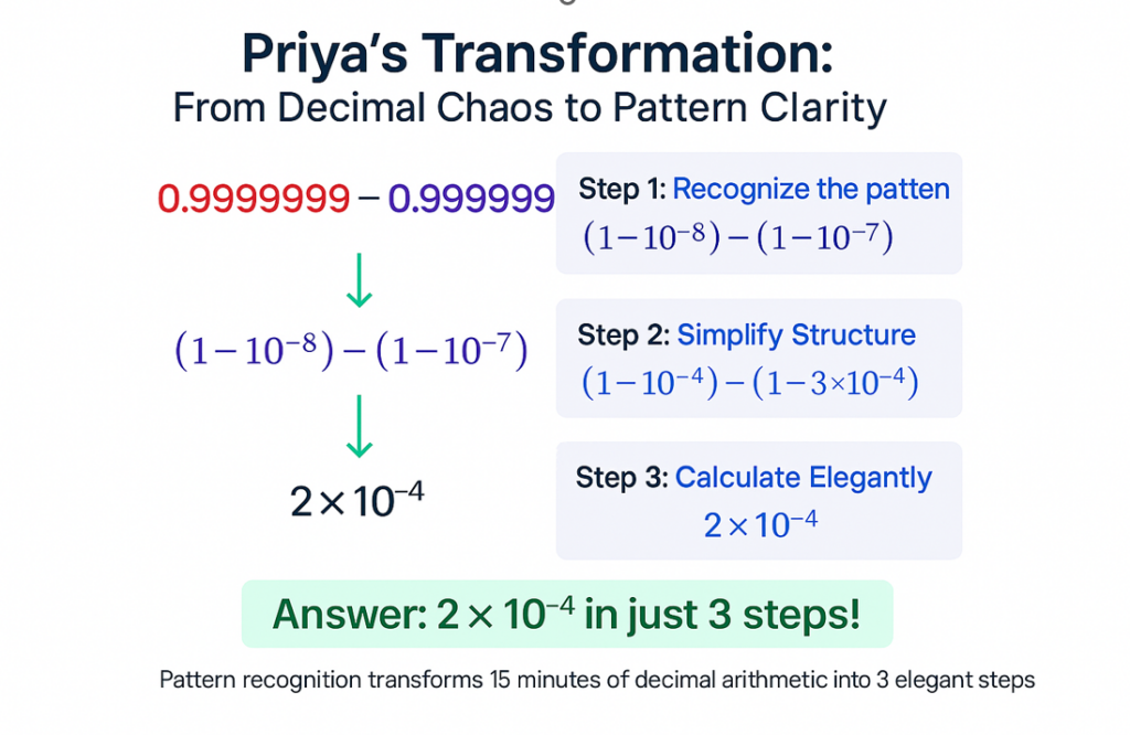 Priya's GMAT transformation: decimal problem solved in 3 elegant steps using pattern recognition (2×10^-4 answer)