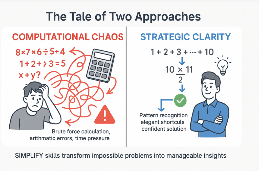 GMAT computational chaos vs strategic clarity: brute force calculations versus elegant pattern recognition approach