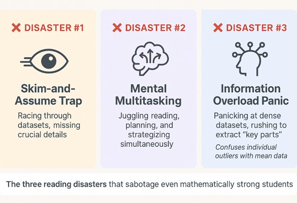 Three reading disasters infographic: skim-and-assume, mental multitasking, information overload