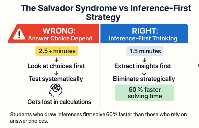 GMAT Salvador syndrome vs inference-first: 60% faster solving time comparison chart (1.5 vs 2.5 minutes)