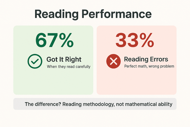 Reading performance chart: 67% success with careful reading vs 33% errors from rushing