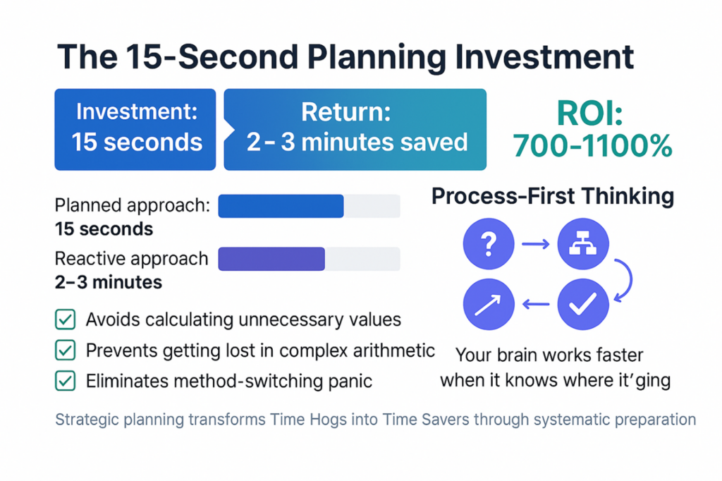 GMAT planning investment showing 15-second strategic approach saves 2-3 minutes with 700-1100% ROI on test problems