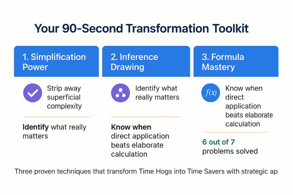 GMAT transformation toolkit with three techniques: simplification power, inference drawing, and formula mastery strategies