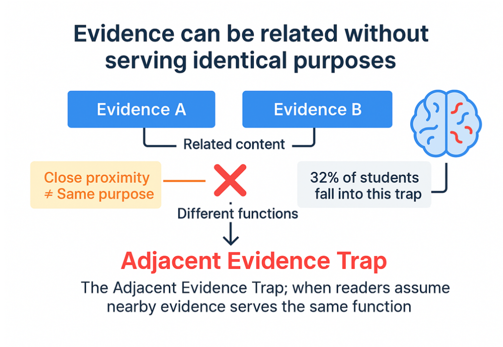 GMAT Adjacent Evidence Trap diagram showing related content serving different functions in critical reasoning