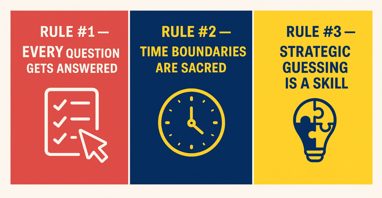 Three GMAT pacing rules: answer every question, respect time boundaries, and develop strategic guessing skills