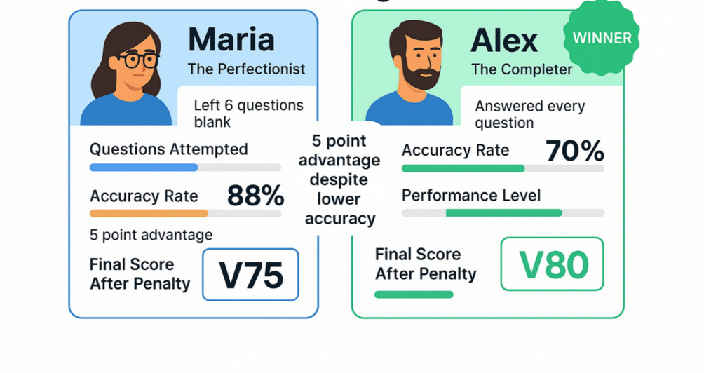 GMAT score comparison: perfectionist Maria 88% accuracy V75 versus completer Alex 70% accuracy V80 after penalty applied