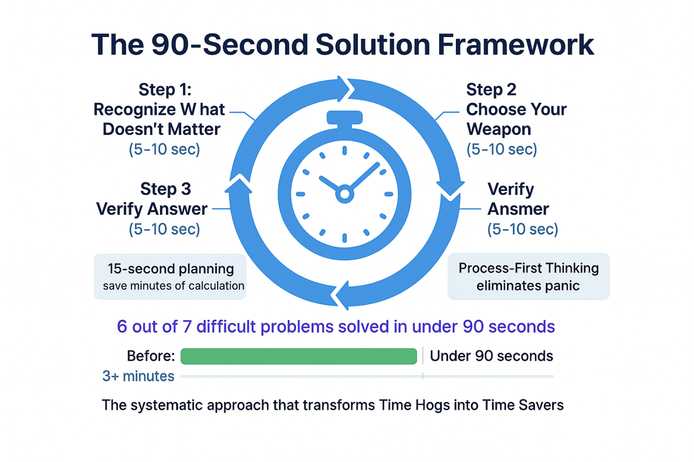 GMAT 90-second solution framework showing three-step process solving 6 of 7 difficult problems under 90 seconds