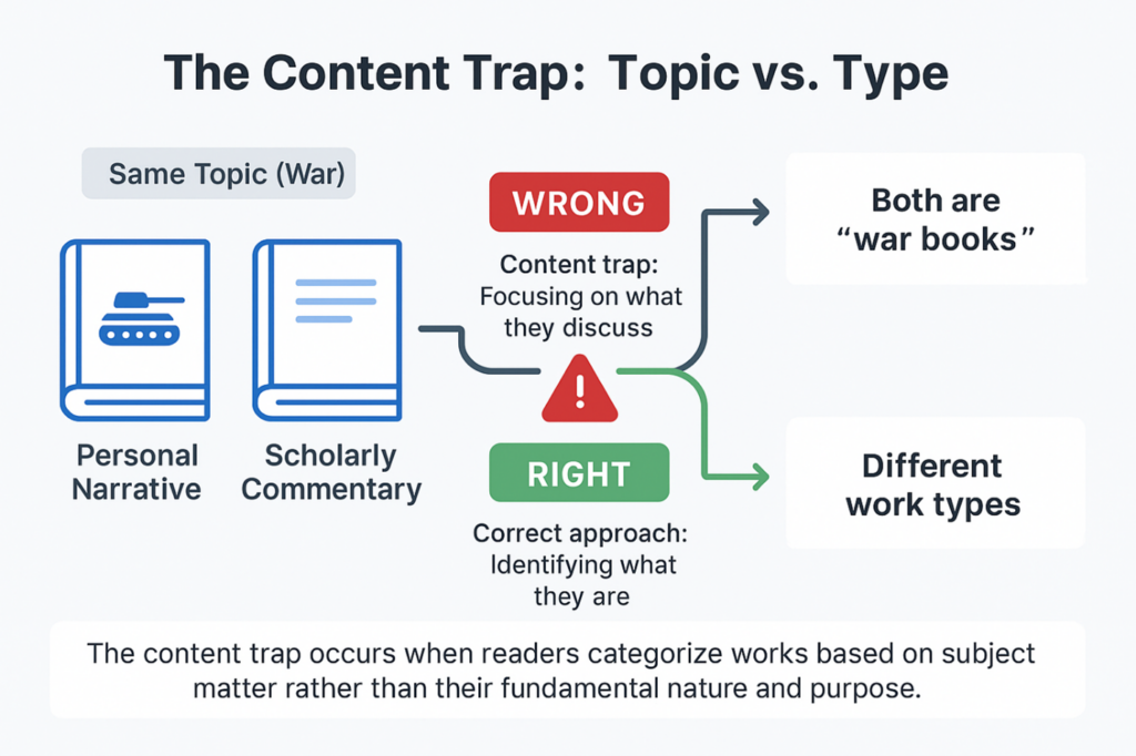 GMAT content trap diagram showing topic vs type distinction with personal narrative and scholarly commentary examples
