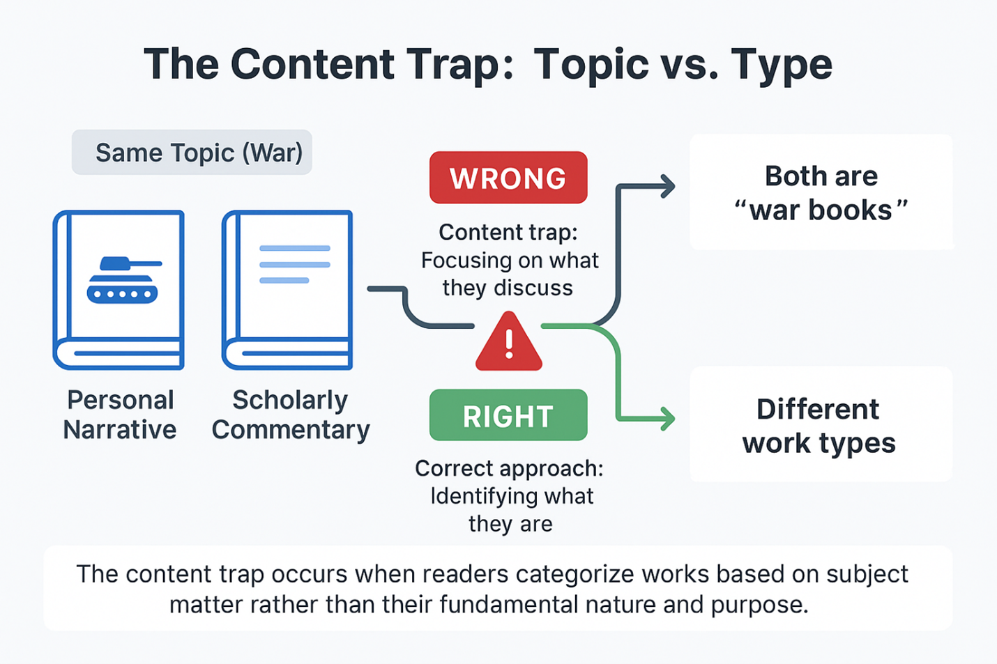 GMAT content trap diagram showing topic vs type distinction with personal narrative and scholarly commentary examples