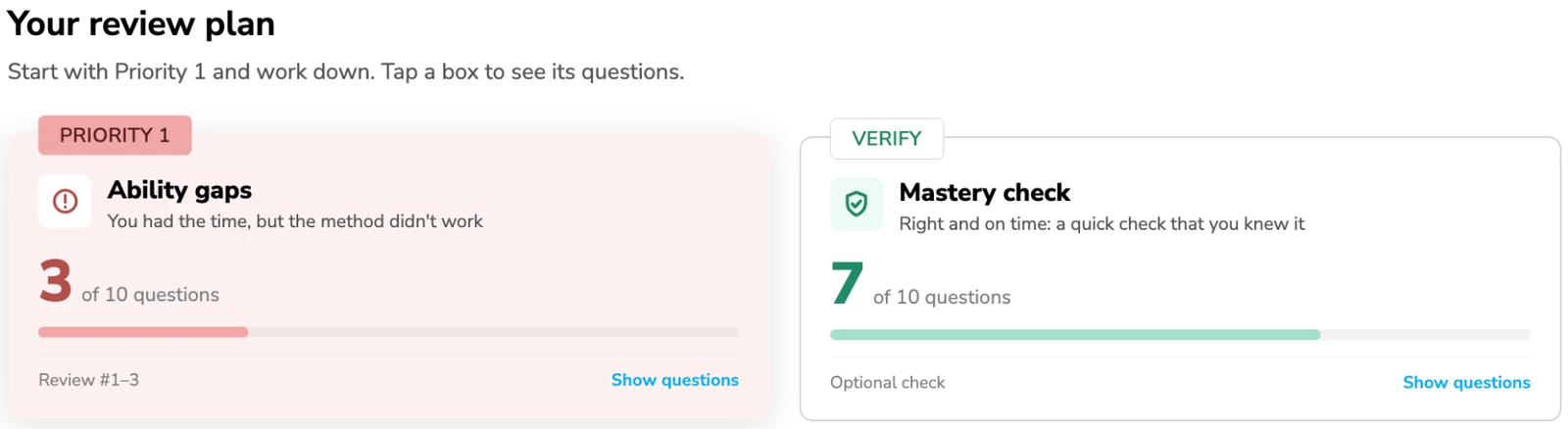 Dev's review plan in PRiSM Coach: Priority 1, ability gaps, 3 of 10 questions, You had the time, but the method didn't work. Verify, mastery check, 7 of 10 questions.
