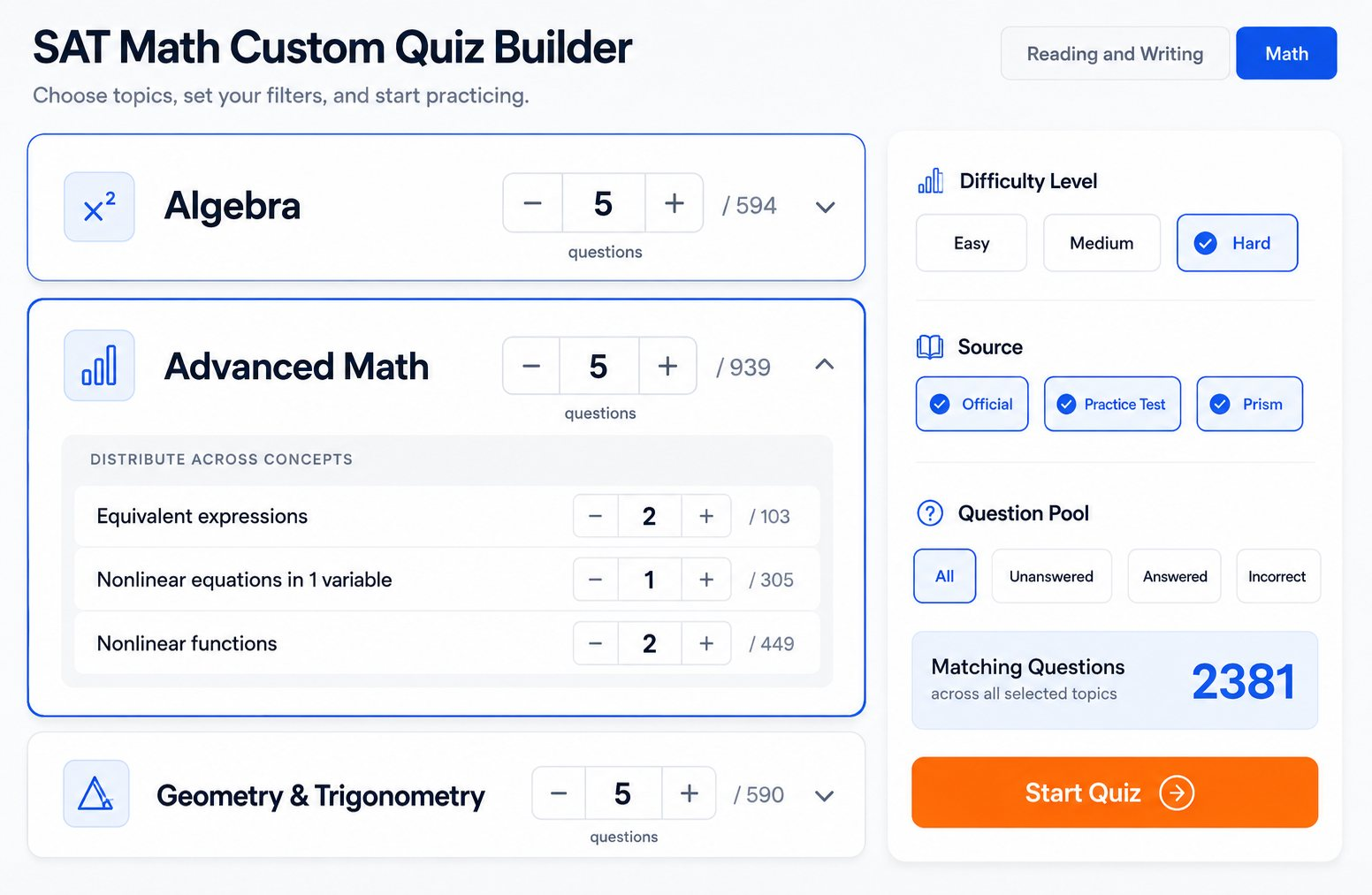 Custom Quiz Builder — mix Math domains