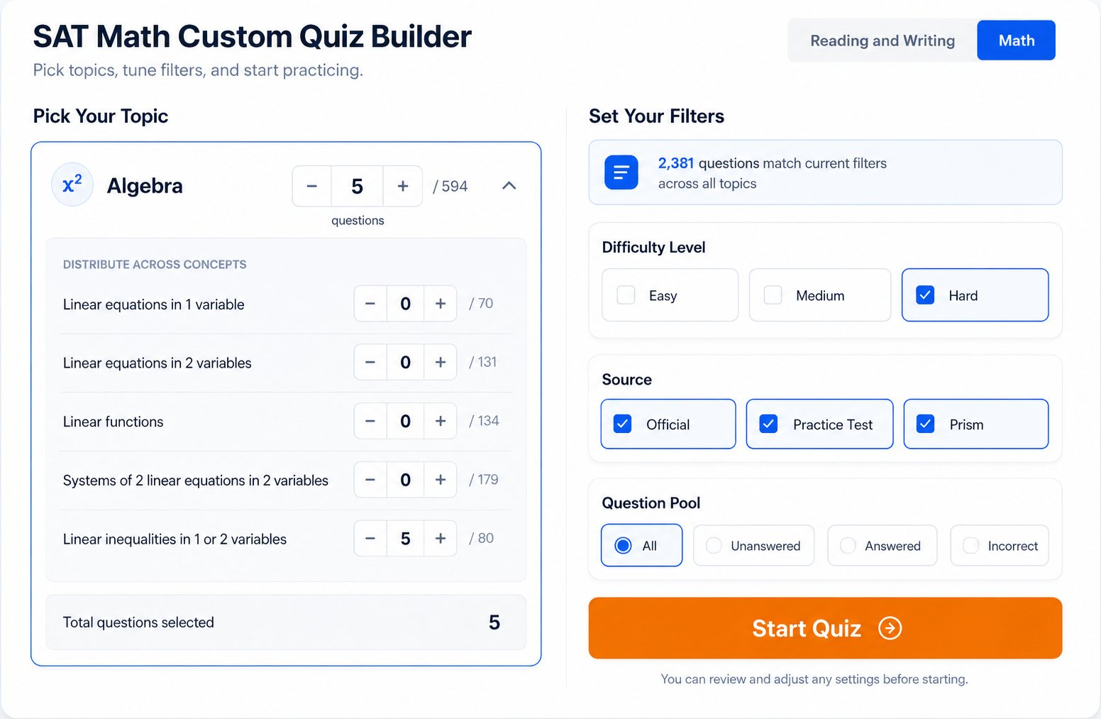 SAT Math Custom Quiz Builder — pick topic and filters