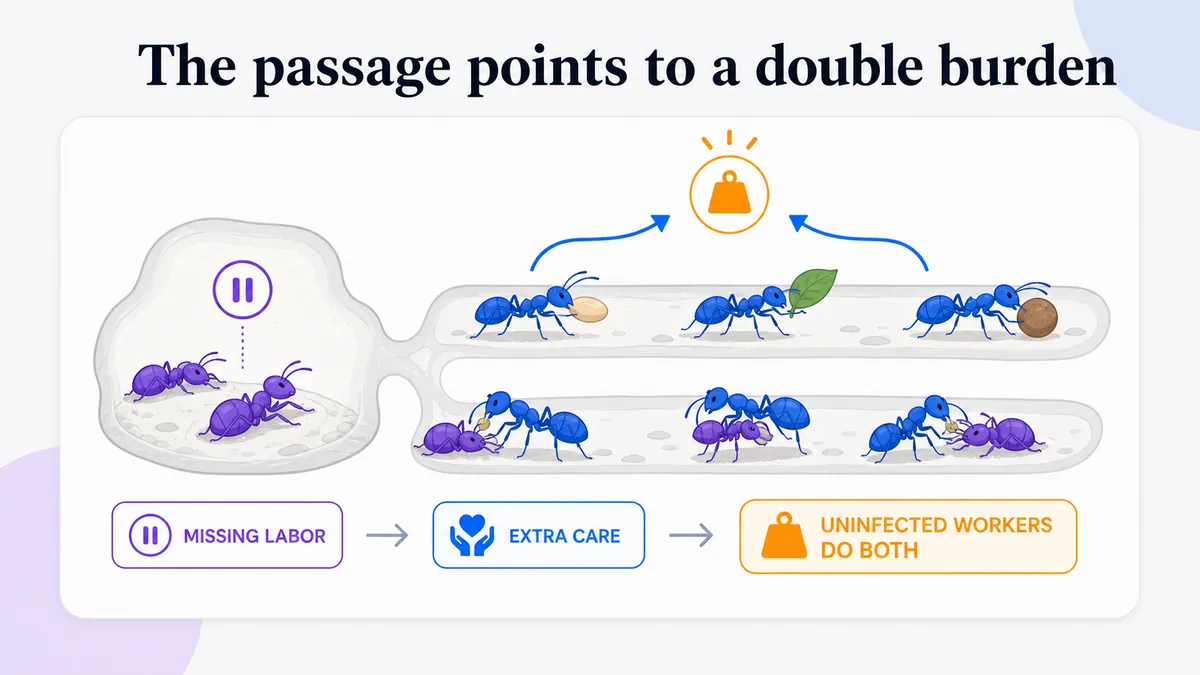 Ant colony diagram showing infected workers pausing their labor while uninfected workers carry both the missing colony work and the extra care burden.
