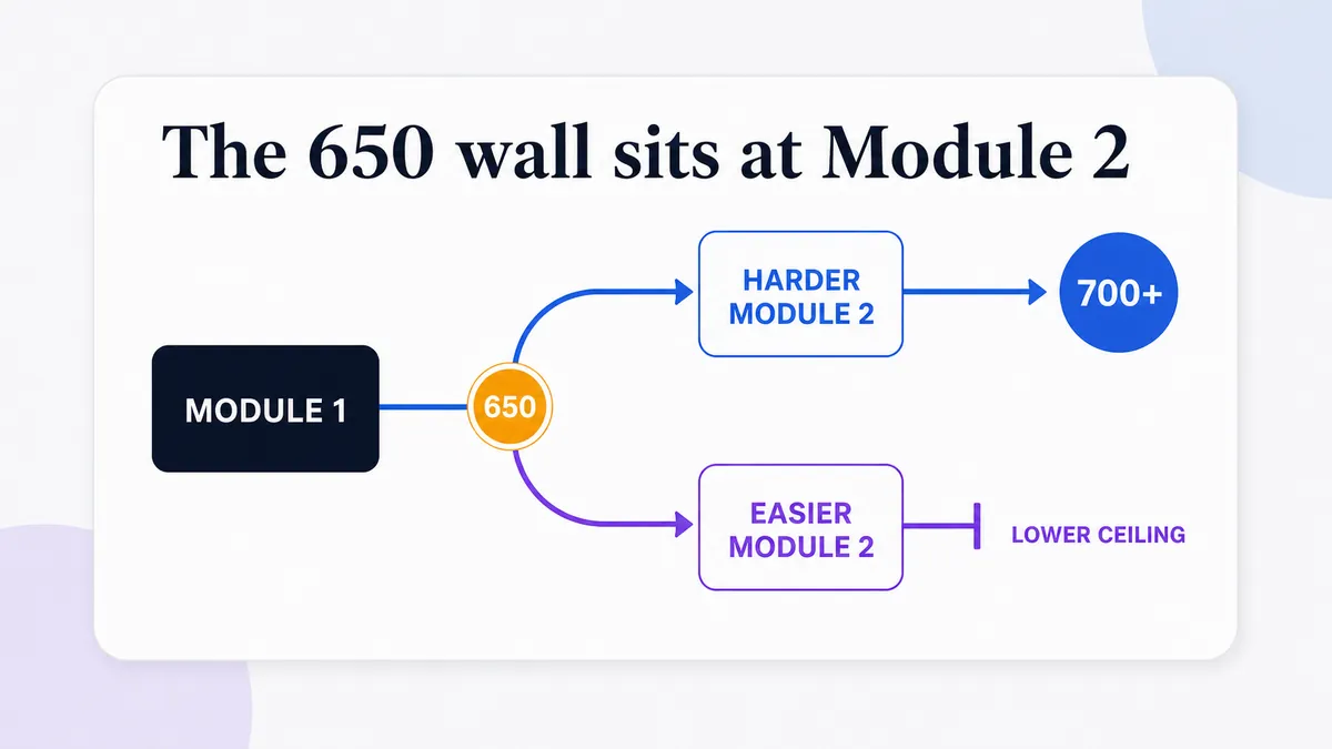 Module 1 splitting at 650 into a harder Module 2 path toward 700+ and an easier Module 2 path with a lower ceiling.