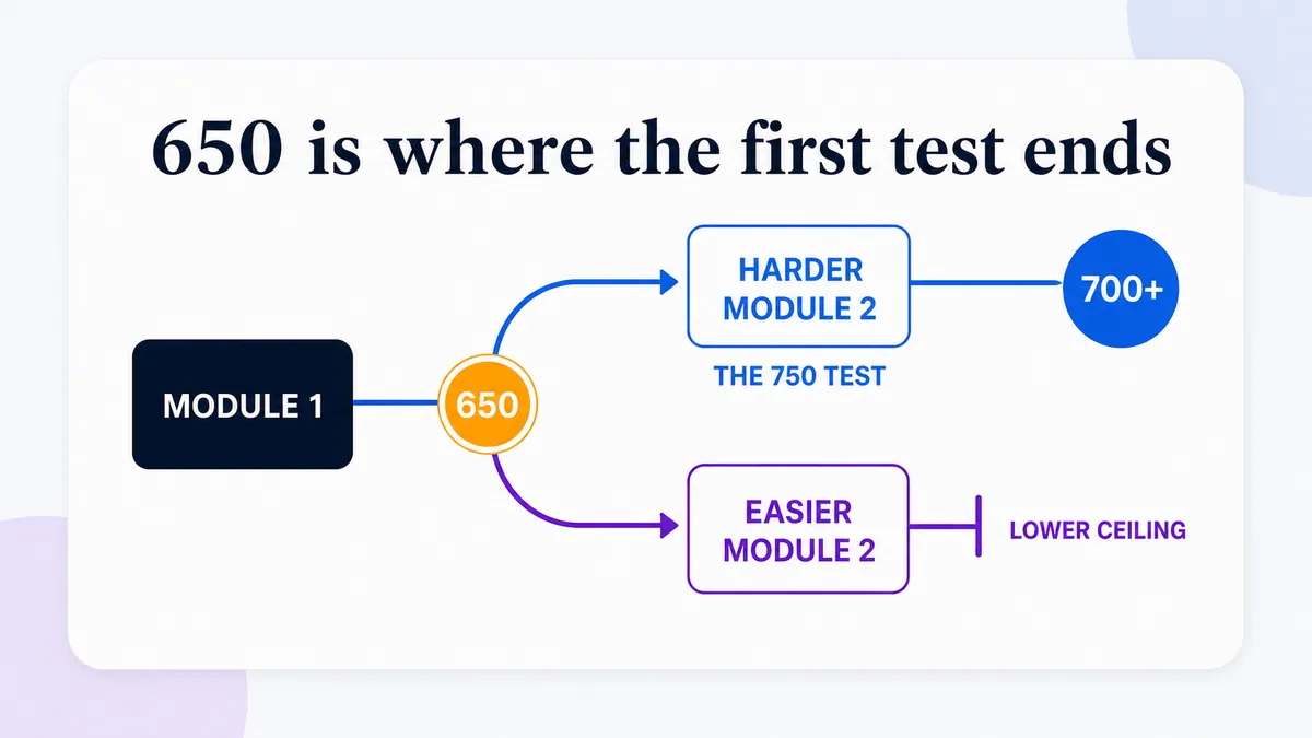 Diagram of the adaptive structure: Module 1 routes students at about 650 into either an easier Module 2 with a score ceiling or the harder Module 2 where the 750 test begins.